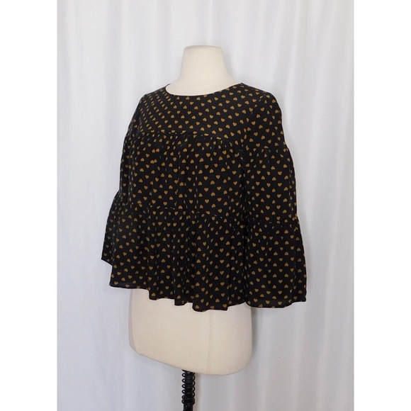 MADEWELL Silk Black Gold Heart Flip Button Back Tiered Top Blouse X-Small - Picture 7 of 16